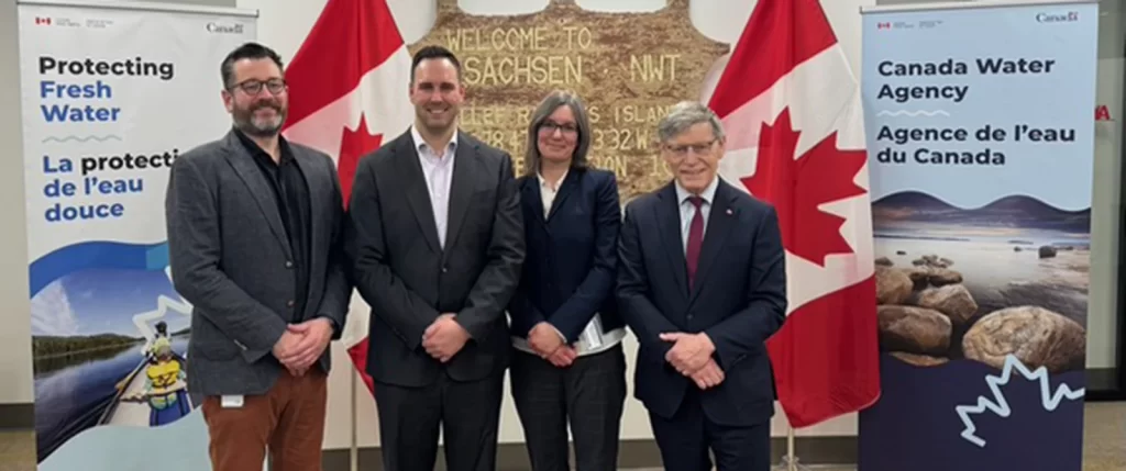 The Canada Water Agency’s announcement of the Lake of the Woods Freshwater Ecosystem Initiative was held in Winnipeg, MB on February 24, 2025. Pictured are Rémi Gosselin (Communications Officer, Canada Water Agency), MP Ben Carr (Winnipeg South Centre), Teika Newton (Executive Director, LOWWSF), and Minister Terry Duguid (Winnipeg South).